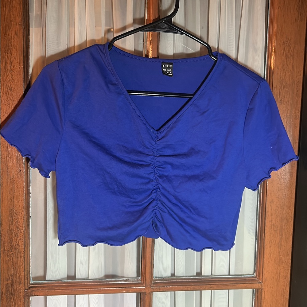 SHEIN Royal Blue Ruched V-Neck Crop Top
